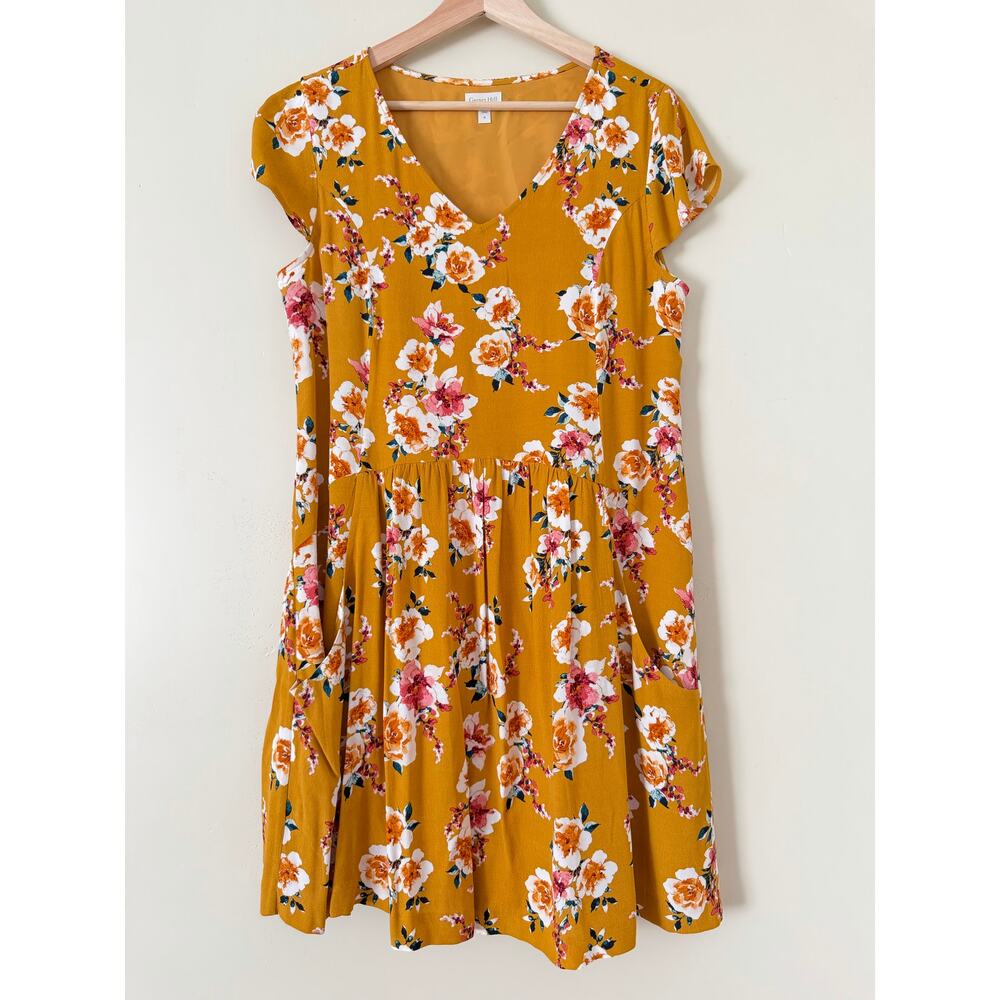 Garnet Hill Summer Day Crepe Dress Yellow Floral 8 Lined Breezy Dropwaist Pocket - Picture 2 of 8